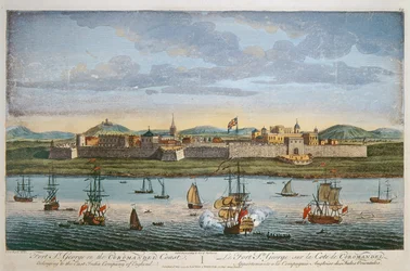Fort St. George, Coromandelkust, India. Gekleurde gravure door I Van Ryne, 1794